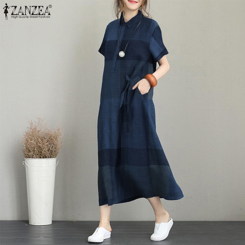 Đầm sơ mi ZANZEA tay ngắn họa tiết caro thời trang sành điệu cho nữ