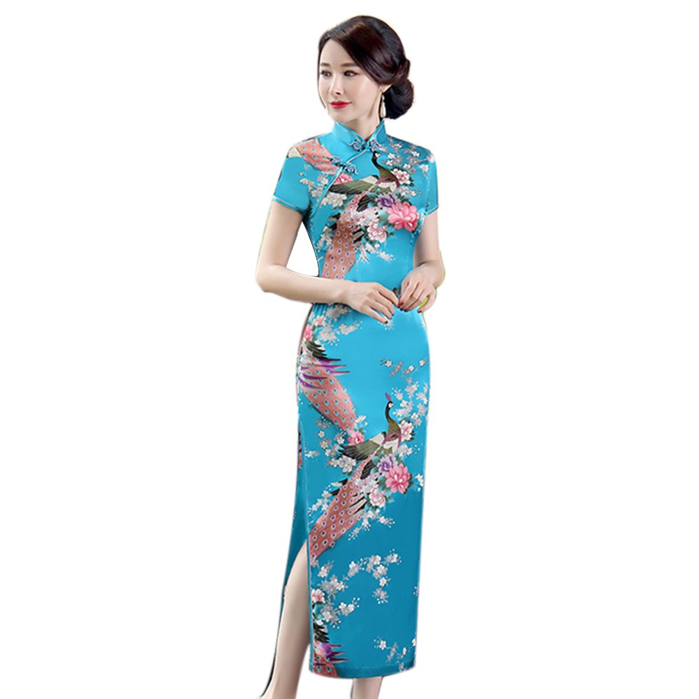 Peacock Print Women Chinese Long Cheongsam Bridesmaid Evening Dress | BigBuy360 - bigbuy360.vn