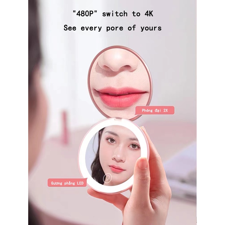 Gương trang điểm đèn led gấp gọn 2 mặt Có nút cảm ứng LED Phóng to lên 2 lần