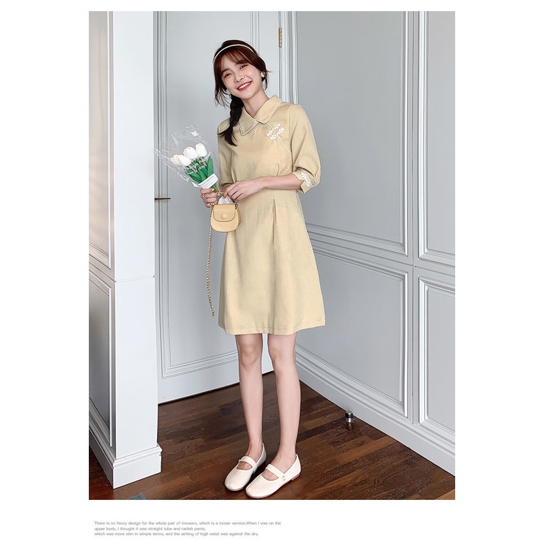 2022 Spring and Autumn New Cheongsam improved version of the small doll collar medium-long dress temperament waist shows a thin woman