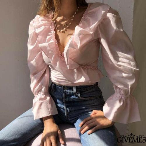 Áo kiểu nữ cổ chữ V tay loe dài xinh xắn