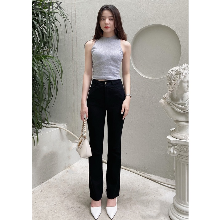Quần jean trơn ống loe EMIX (màu đen), basic trousers, dáng dài 90cm, cạp cao, khóa giữa, ống ôm và loe, vải jeans 810