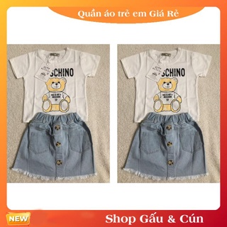 Bộ quần áo cộc tay chân váy bò áo phông in hình gấu moschino 9-18kg