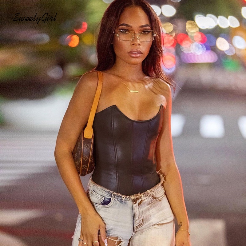 Áo ống bằng da PU màu trơn hở vai có khóa kéo quyến rũ dành cho nữ