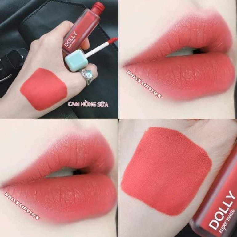 Son kem lì màu cam hồng sữa Dolly super matte, son kem lì không chì bền màu lâu trôi, mua 2 cây tặng 1 hộp đựng cao cấp