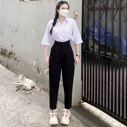 Quần tây baggy đi học nữ cạp có đai lưng cao màu xanh đen dáng dài Quần vải nữ công sở dày dặn phối áo sơ mi đi học làm