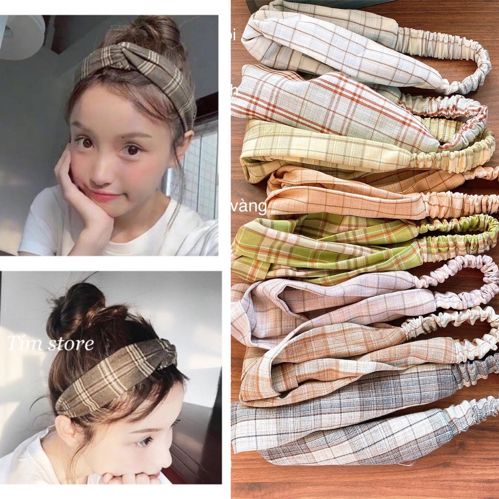 Băng đô turban caro vintage TÍM STORE phong cách hàn quốc phụ kiện tóc dễ thương