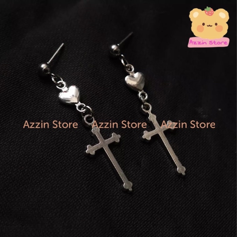 Khuyên Tai Trái Tim Thánh Giá Phong Cách Cổ Điển Azzin Store