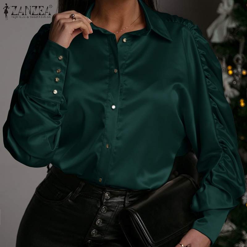Áo sơ mi ZANZEA vải bóng màu trơn thời trang dành cho nữ