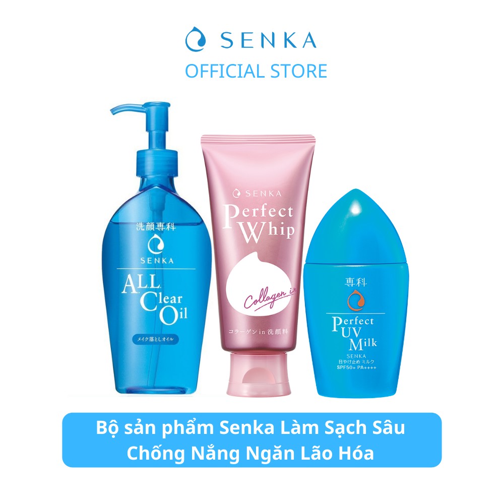 Bộ sản phẩm Senka Làm Sạch Sâu Chống Nắng Ngăn Lão Hóa (A.L.L Clear Oil 230ml + PW Collagen In 120g + UV Milk 40ml) | BigBuy360 - bigbuy360.vn