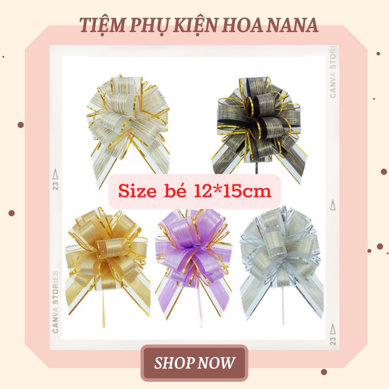 Nơ Rút Tú Cầu Voan Sọc Viền Vàng, Size Nhỏ 12*15cm, Chất Liệu Cao Cấp, Trang Trí Hộp Quà - Tiệc - Xe Hoa