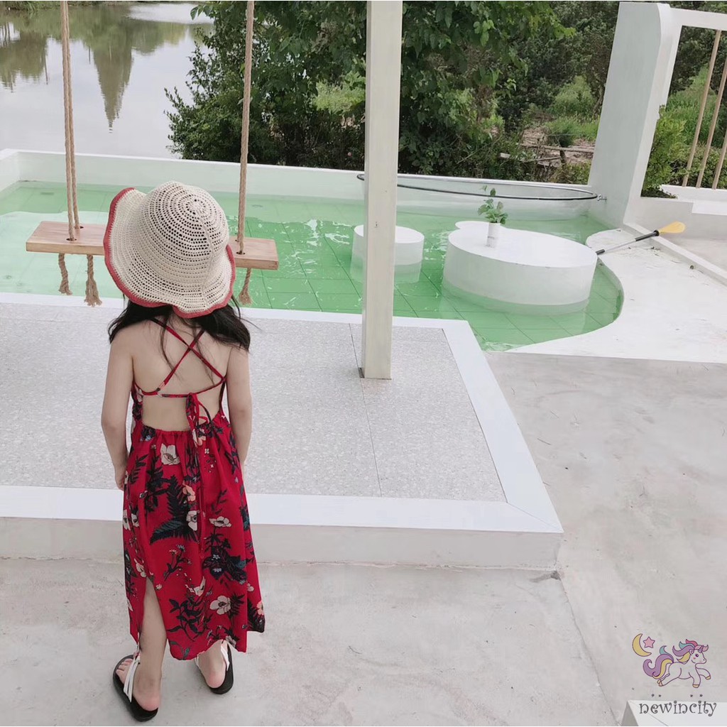 Đầm in hoa buộc dây lưng thời trang cho bé gái