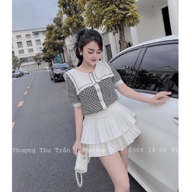 Áo len kẻ caro cổ lá bo gấu ngắn tay cúc đính vải len mịn co giãn AL8608 - NhiNhi Shop | BigBuy360 - bigbuy360.vn