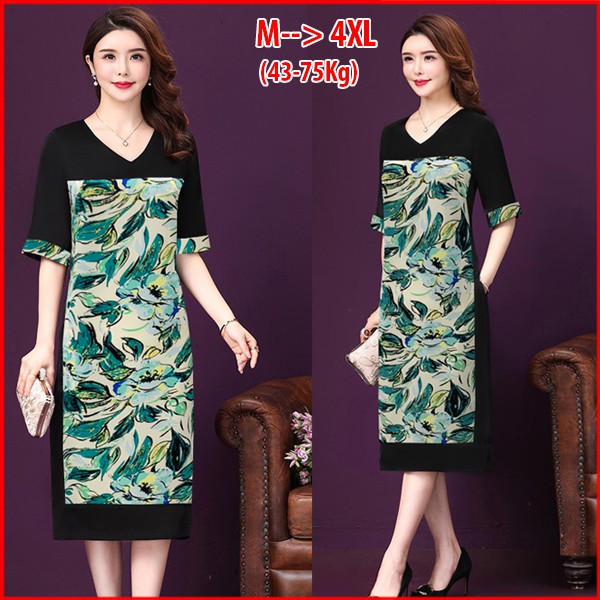 HÌNH THẬT –  THỜI TRANG TRUNG NIÊN - ĐẦM SUÔNG TRUNG NIÊN BIGSIZE KIỂU ĐẦM SUÔNG TUỔI TRUNG NIÊN ĐẮP IN HOA XANH D3277