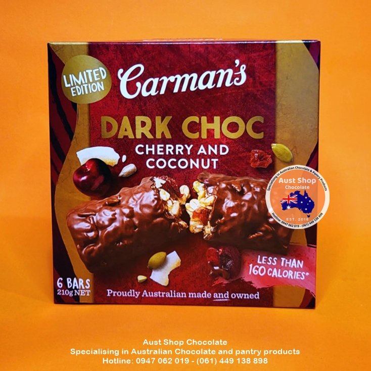 Carman s Dark Choc Cherry Coconut Bar 210g - Kosher Halal - Ngũ cốc thanh vị dừa và anh đào - OZ - Aust Shop Choc thumbnail