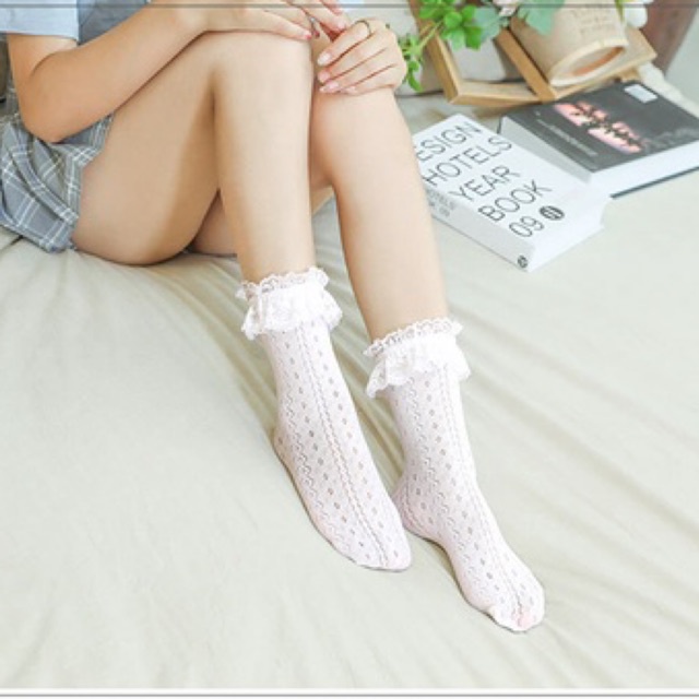Vớ lolita Nhật Bản Lolita vớ ren nữ sọc ô Hàn Quốc VT37