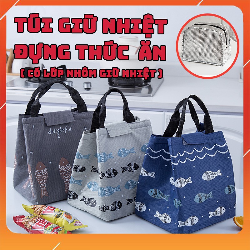 [ Ảnh Thật ] Túi Giữ Nhiệt Túi Đựng Cơm Văn Phòng Túi Đựng Thức Ăn Họa Tiết Con Cá Có Quai Xách Tiện Lợi