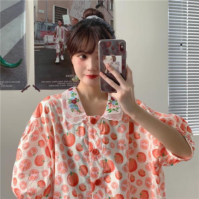 Áo sơ mi cổ búp bê tay phồng thêu họa tiết thời trang đáng yêu