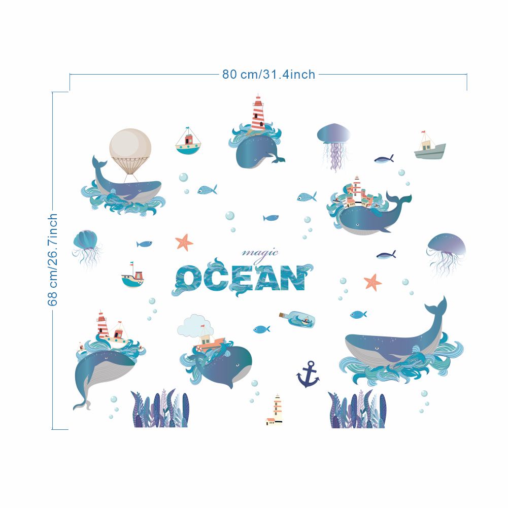 Giấy Dán Tường Họa Tiết Cá Heo/Cá Voi Hoạt Hình Trang Trí Phòng Bé