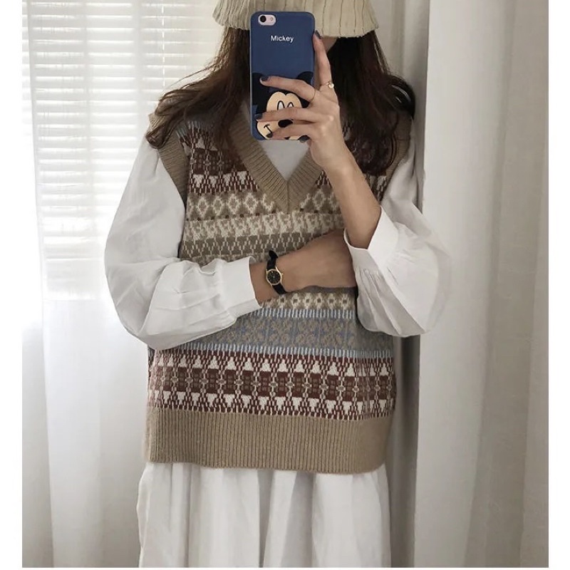Áo Len Gile Nam Nữ Không Tay Cổ V Hoạ Tiết Thổ Cẩm Vintage Chất Loại 1 Lên Phom Phong Cách Retro Ulzzang Basic