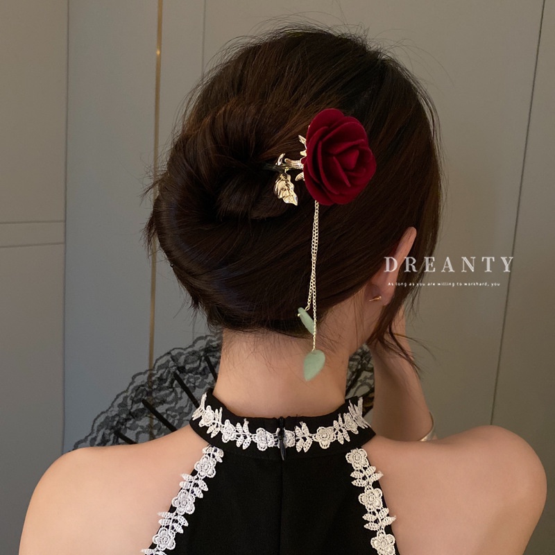 Trâm Cài Tóc Hình Hoa Hồng Phối Tua Rua Phong Cách Trung Hoa Cổ Điển Thời Trang Cho Nữ