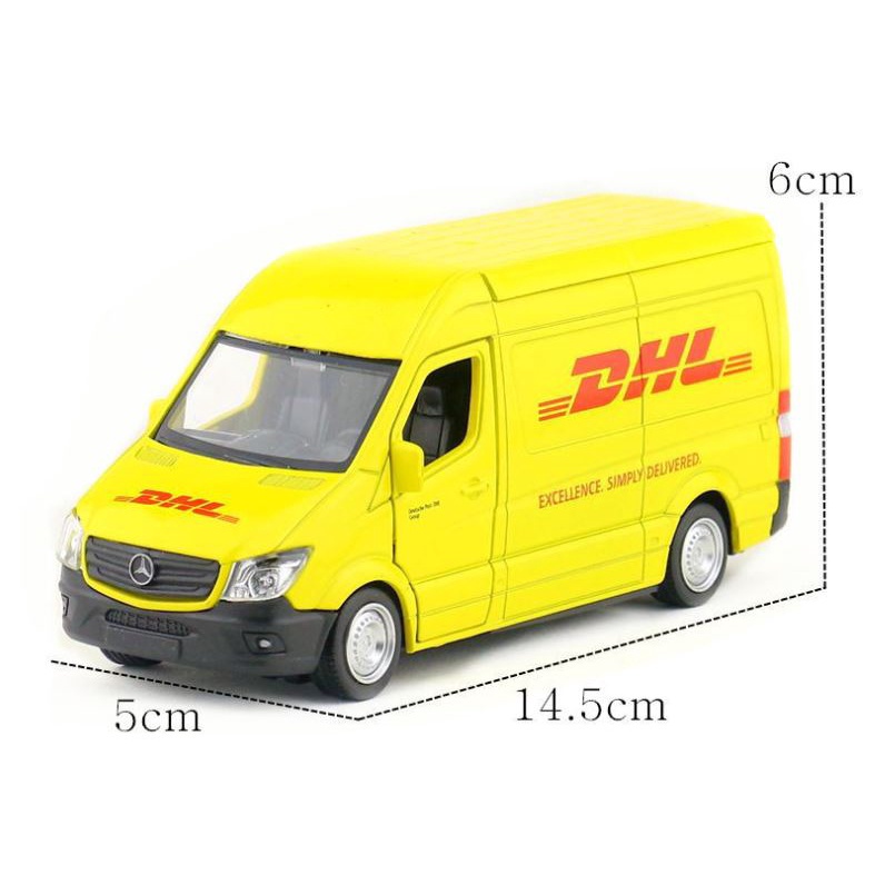 Mô hình xe Mercedes Van DHL 1:36 vỏ kim loại, mở được cửa, ô tô tải vận chuyển đồ chơi trẻ em oto mini trưng bày