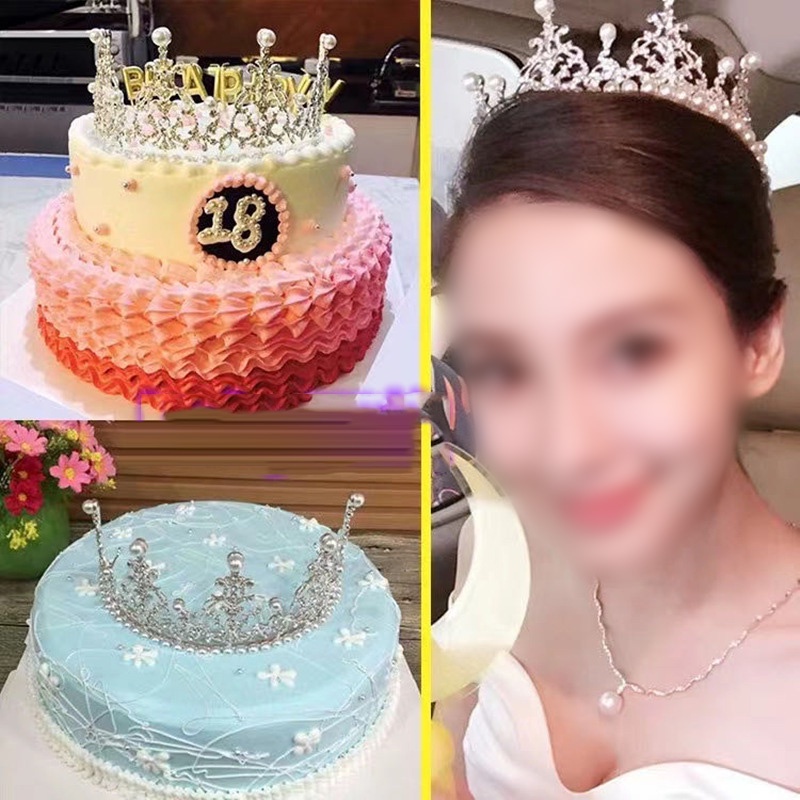 Vương Miện Kim Loại Đính Ngọc Trai Giả Trang Trí Bánh Kem Xinh Xắn