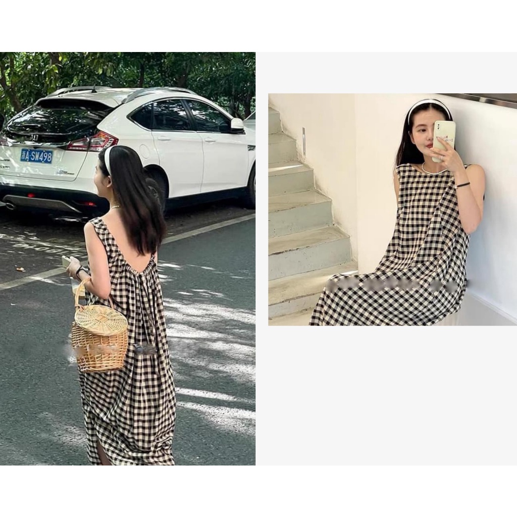 Đầm caro sát nách cổ xuông dây rút sau lưng hot trend 2022