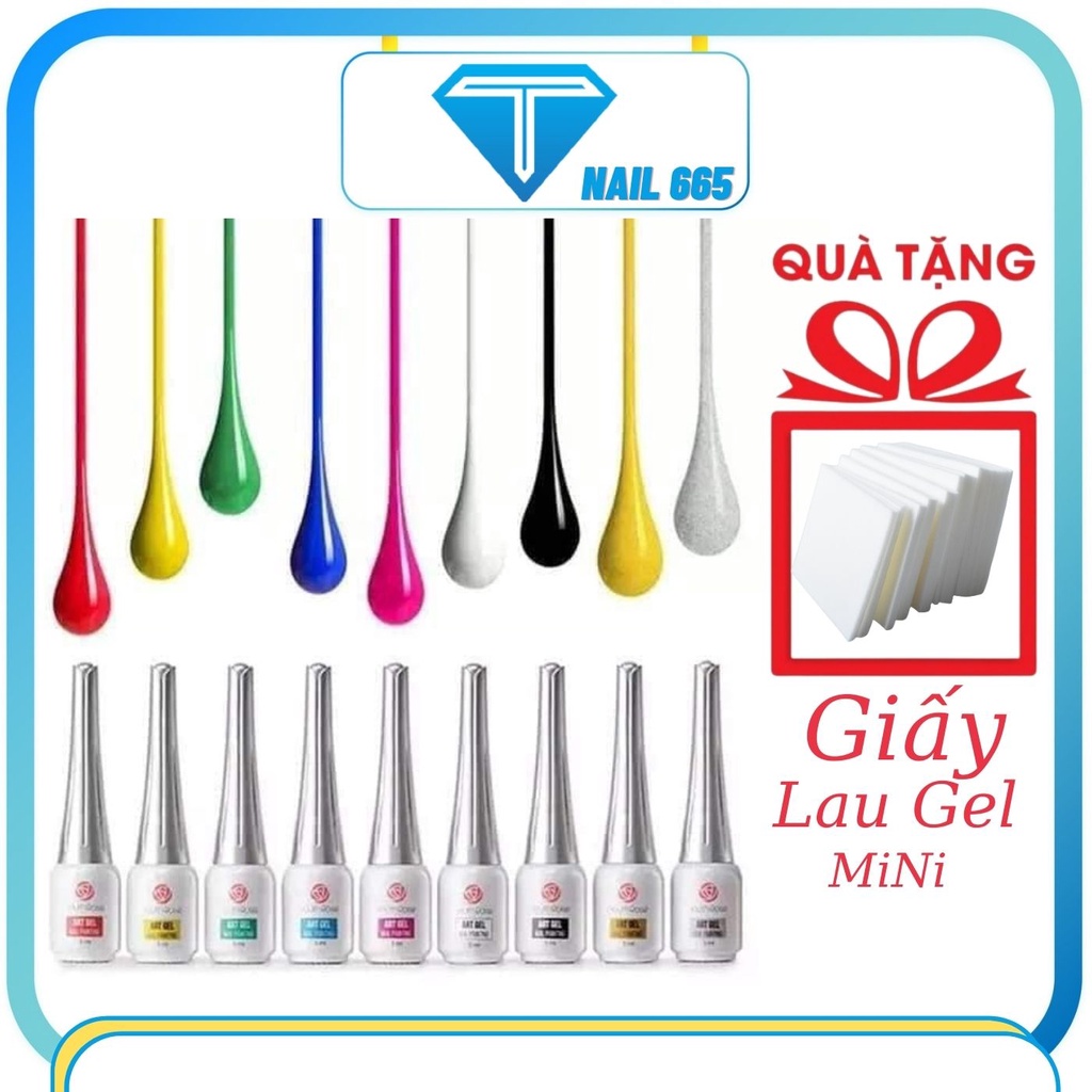 Cọ gel vẽ nét móng HOA HỒNG sét 9 màu , Bộ sơn gel vẽ nét trang trí móng nail