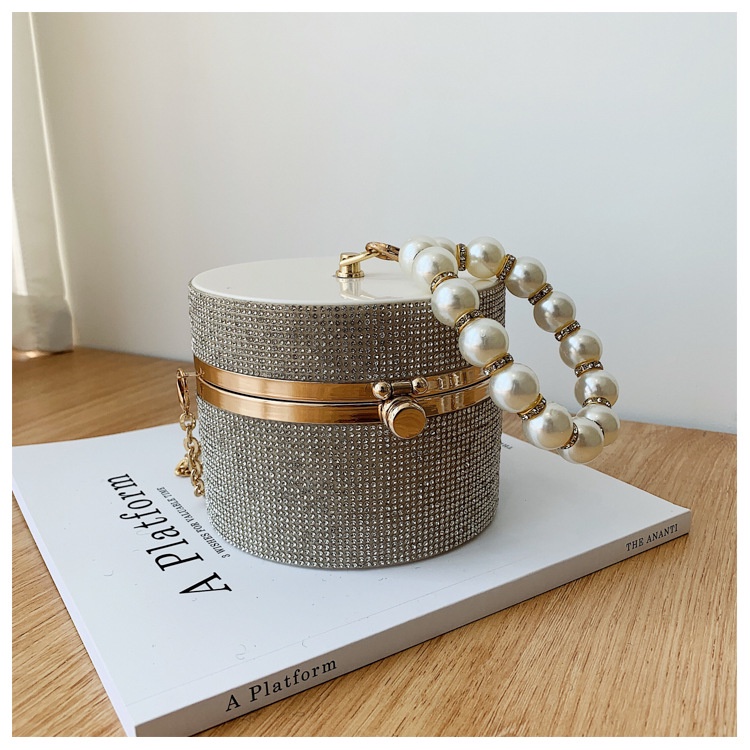 Túi đeo chéo IELGY kiểu hình trụ đính đá sáng bóng phối dây ngọc trai thời trang nhỏ gọn dành cho nữ