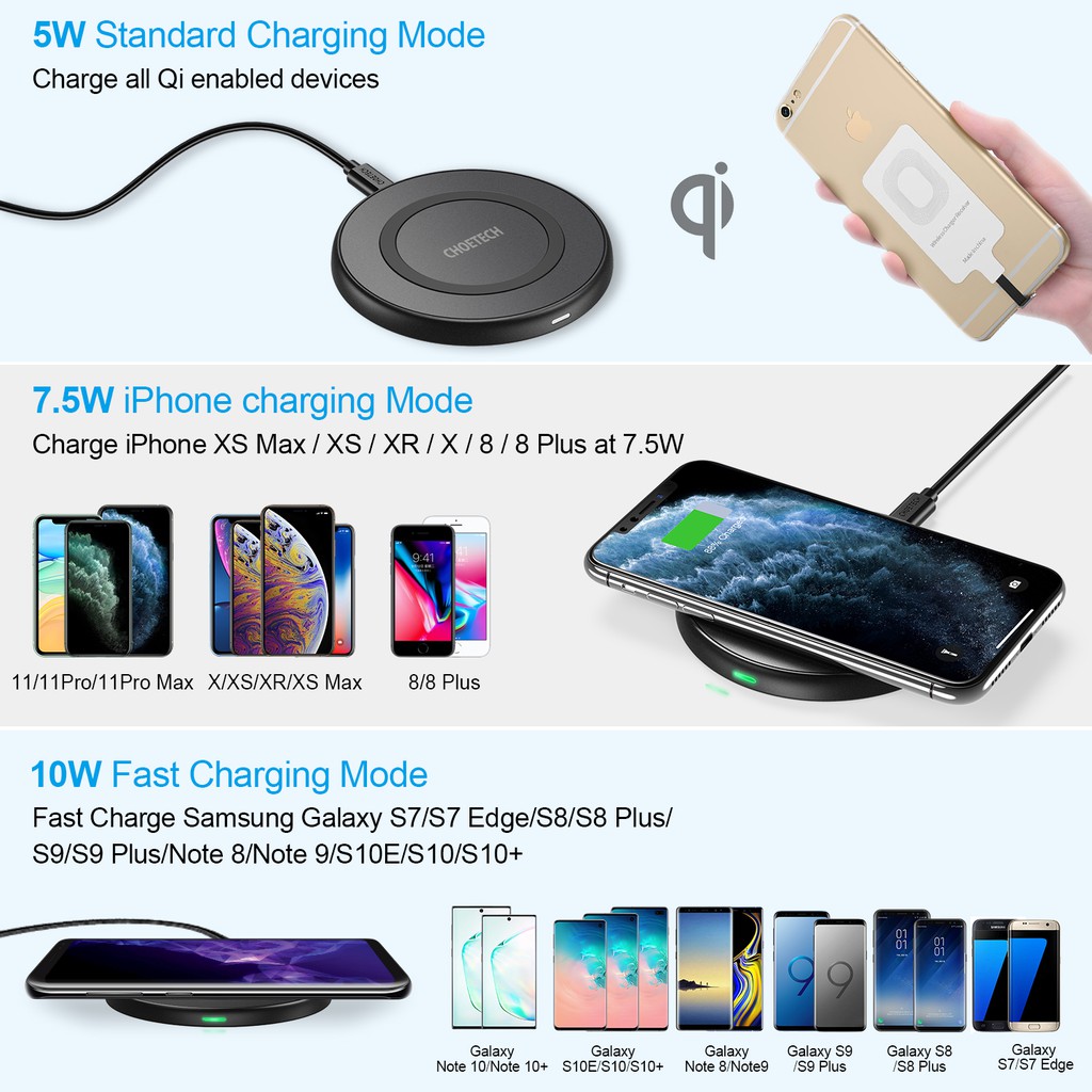 Đế Sạc Nhanh Không Dây CHOETECH Cho Iphone 11/11 Pro/Samsung/Airpods Pro 10w (1.2M)