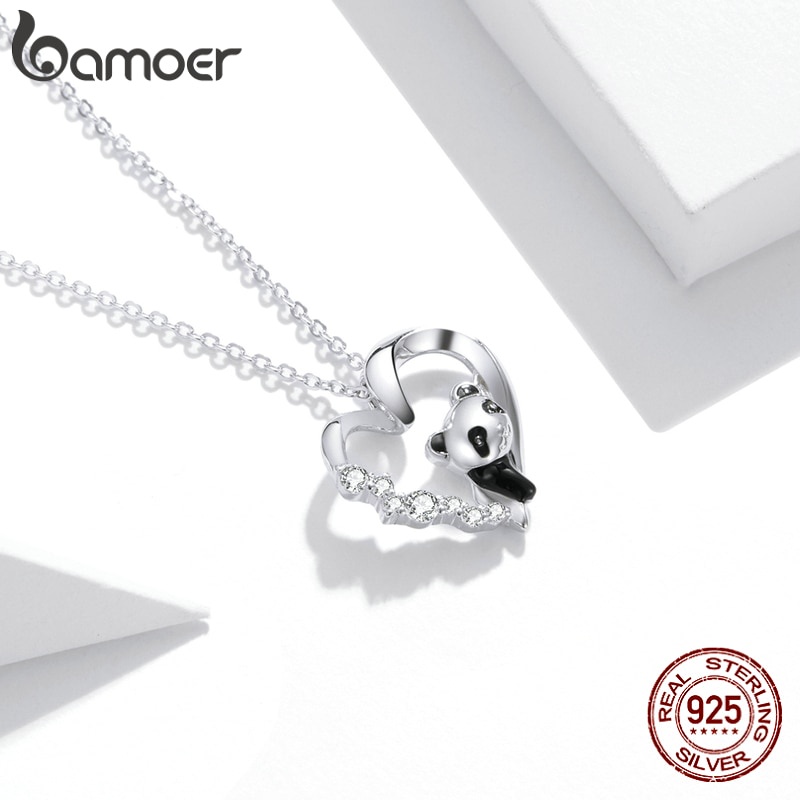 Dây chuyền BAMOER SCN453 bạc 925 mặt gấu trúc đính đá zircon có thể điều chỉnh độ dài dây 45cm thời trang cho phái nữ