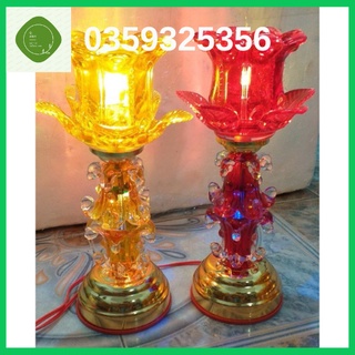 Đôi đèn thờ hoa sen thủy tinh đèn LED cao 30cm