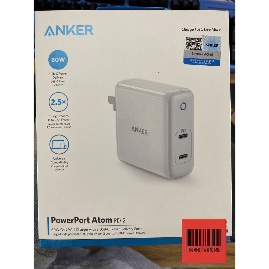 Cốc sạc nhanh 60w ANKER PowerPort Atom PD 2 [GaN Tech] 60W 2 cổng PD - A2029 sạc nhanh dành cho iphone, ipad, macbook