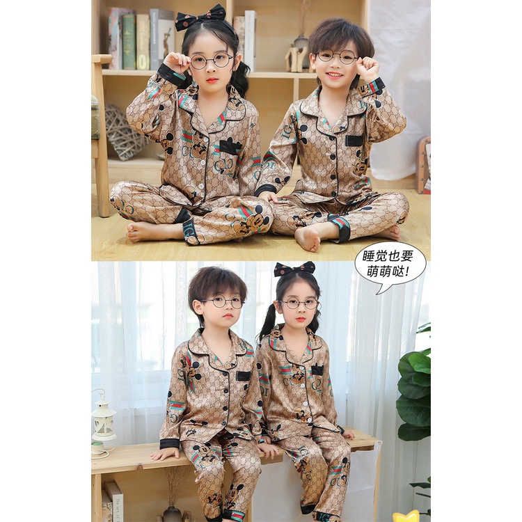 Bộ Đồ Ngủ Cho Bé In Gu Xì, Bộ Pijama Chất Lụa Cao Cấp Dài Tay Cho Bé, Bộ Đồ Ngủ Nhà Cực Xinh Cho Bé Trai Và Bé Gái