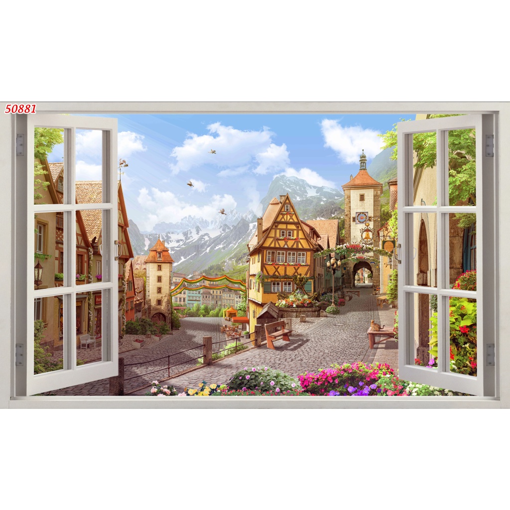 Tranh dán tường 3D khung cửa sổ phong cảnh