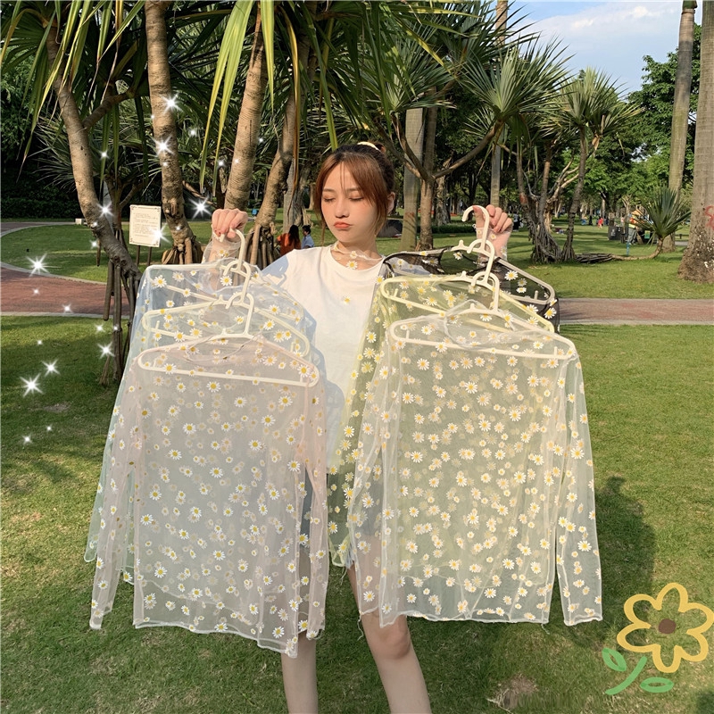 SUXI Áo Tay Dài Dáng Rộng Phối Lưới In Hình Hoa Cúc Kiểu Hàn Quốc Xinh Xắn Cho Nữ