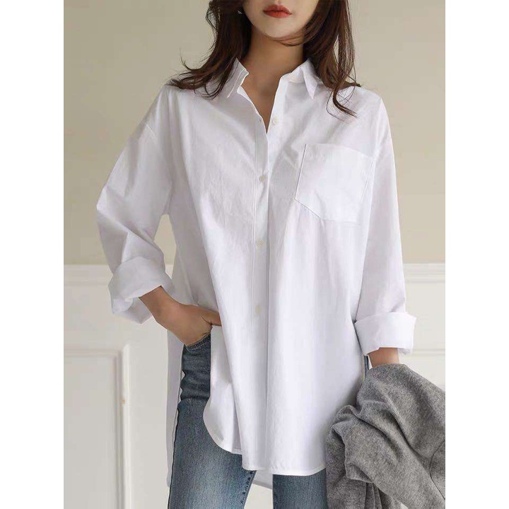 Áo sơ mi Zxyouping tay dài dáng rộng xẻ tà có size lớn