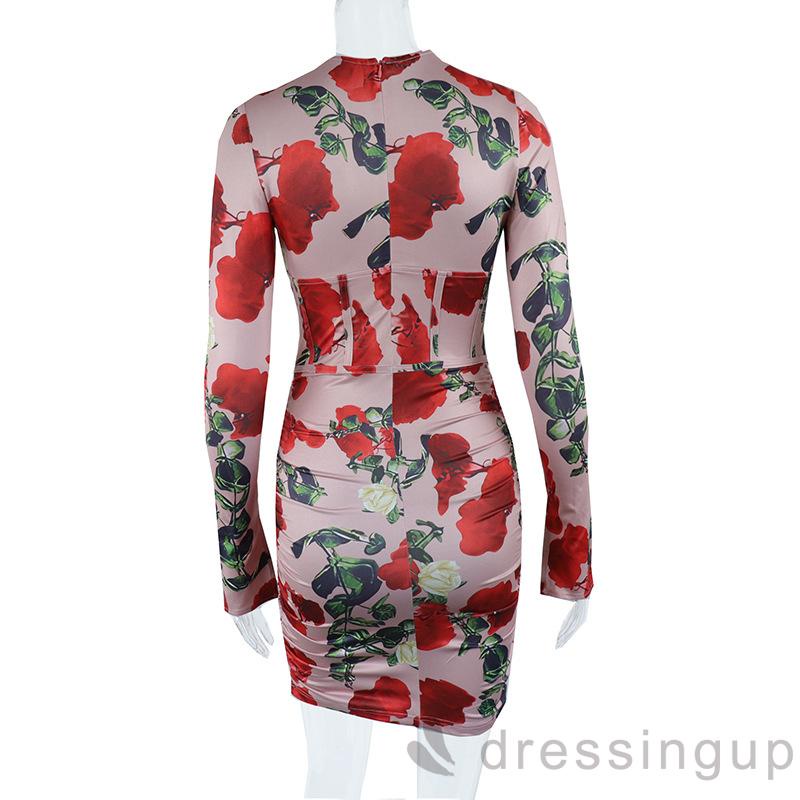 Đầm Dài Tay Họa Tiết Hoa Dáng Ôm Thời Trang Cho Nữ