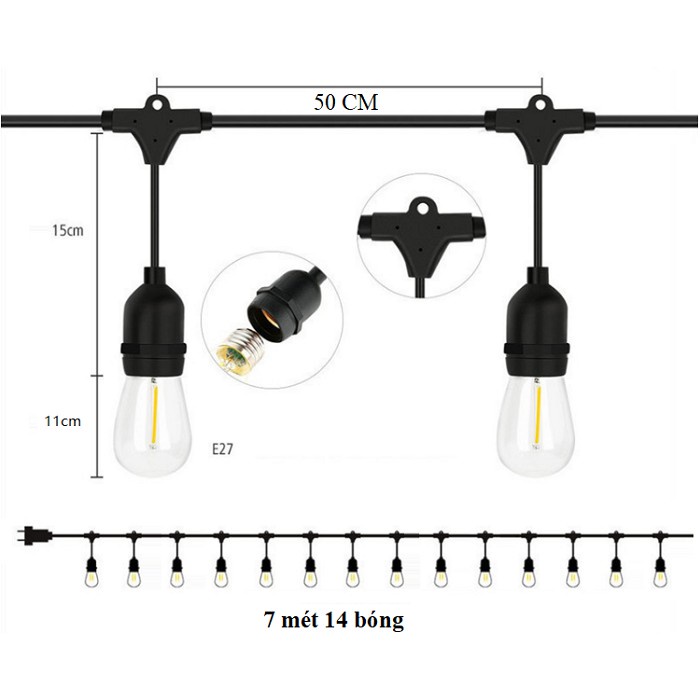 Dây đèn bóng led edison T45 7 mét 14 bóng 4w đèn trang trí