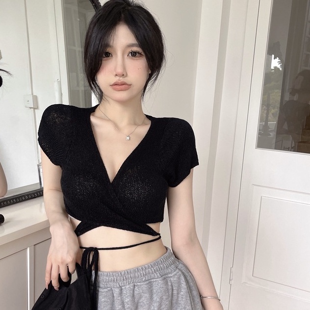 Áo kiểu ZHELIHANGFEI dệt kim tay cổ ngắn chữ V hở lưng gợi cảm tùy chọn màu sắc