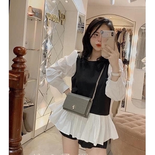 Áo Sơ Mi Peplum đen tay trắng Xòe