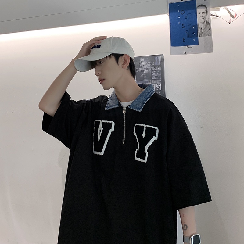 Áo Thun Tay Ngắn Cổ Polo Chất Liệu Denim Có Khóa Kéo In Chữ Phong Cách Hàn Quốc Cho Cặp Đôi