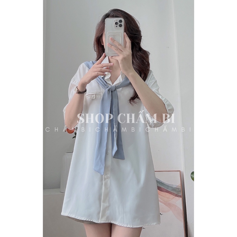 Áo sơ mi style Hàn Quốc A.333, Áo kiểu cộc tay cổ khăn quàng phong cách đơn giản ngọt ngào - Thời trang shop Chấm Bi