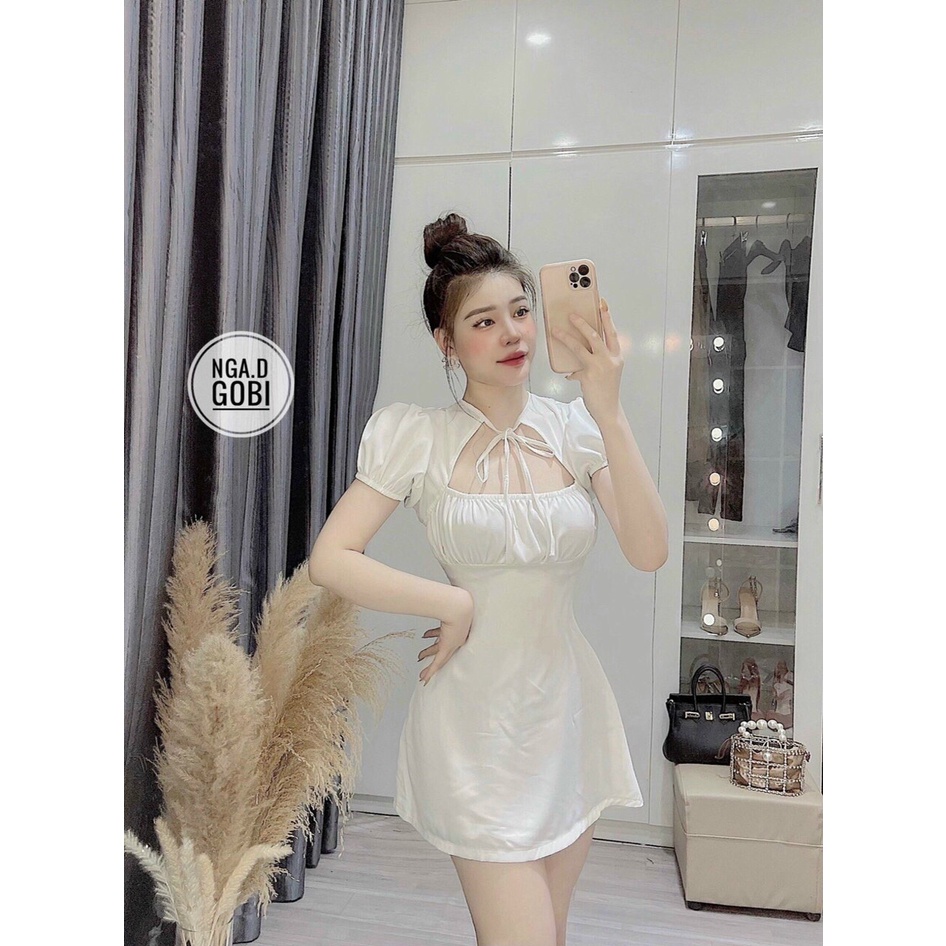 Đầm váy tay phồng kết nơ nhún ngực (có mút), màu sắc sang chảnh (Đen, Trắng, Tím) thời trang nữ