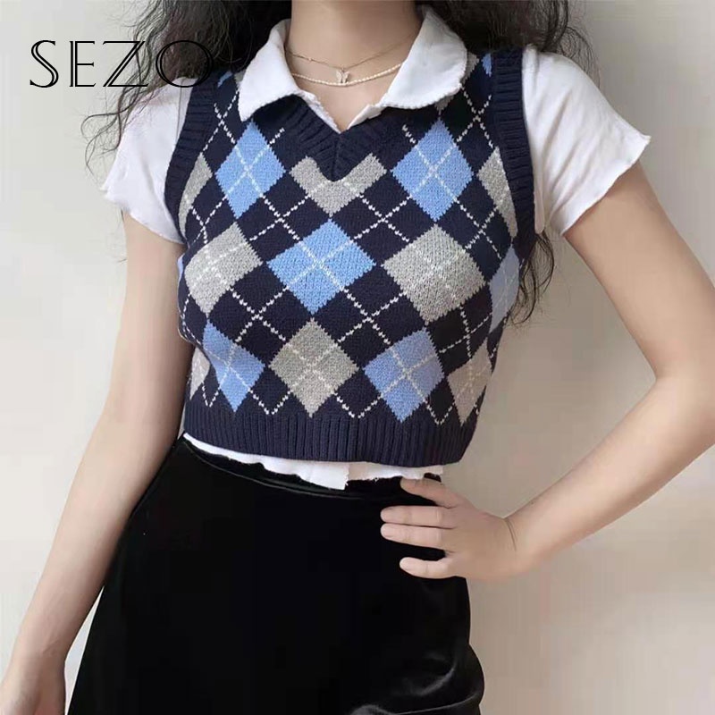 QKOOLE  Áo len không tay cổ chữ V họa tiết kim cương thời trang hàn quốc cho nữ