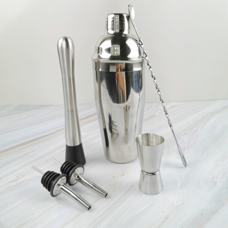 Combo dụng cụ pha chế Inox 6 món: Bình shaker 750ml + Chày bar + Thìa bar 26cm  + Jigger 2 đầu 15/30ml + 2 cái vòi rót
