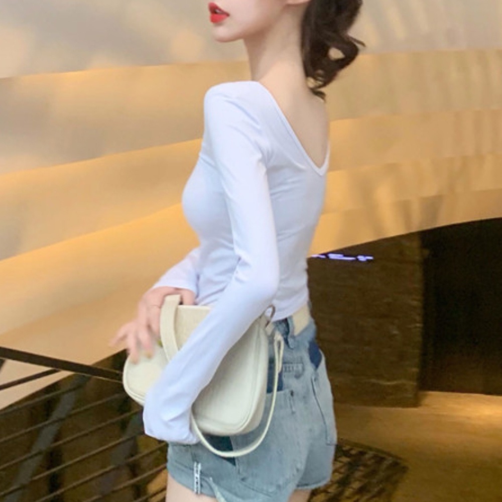 Áo thun tay dài cổ chữ U màu trơn thiết kế ôm sát quyến rũ thời trang cho nữ