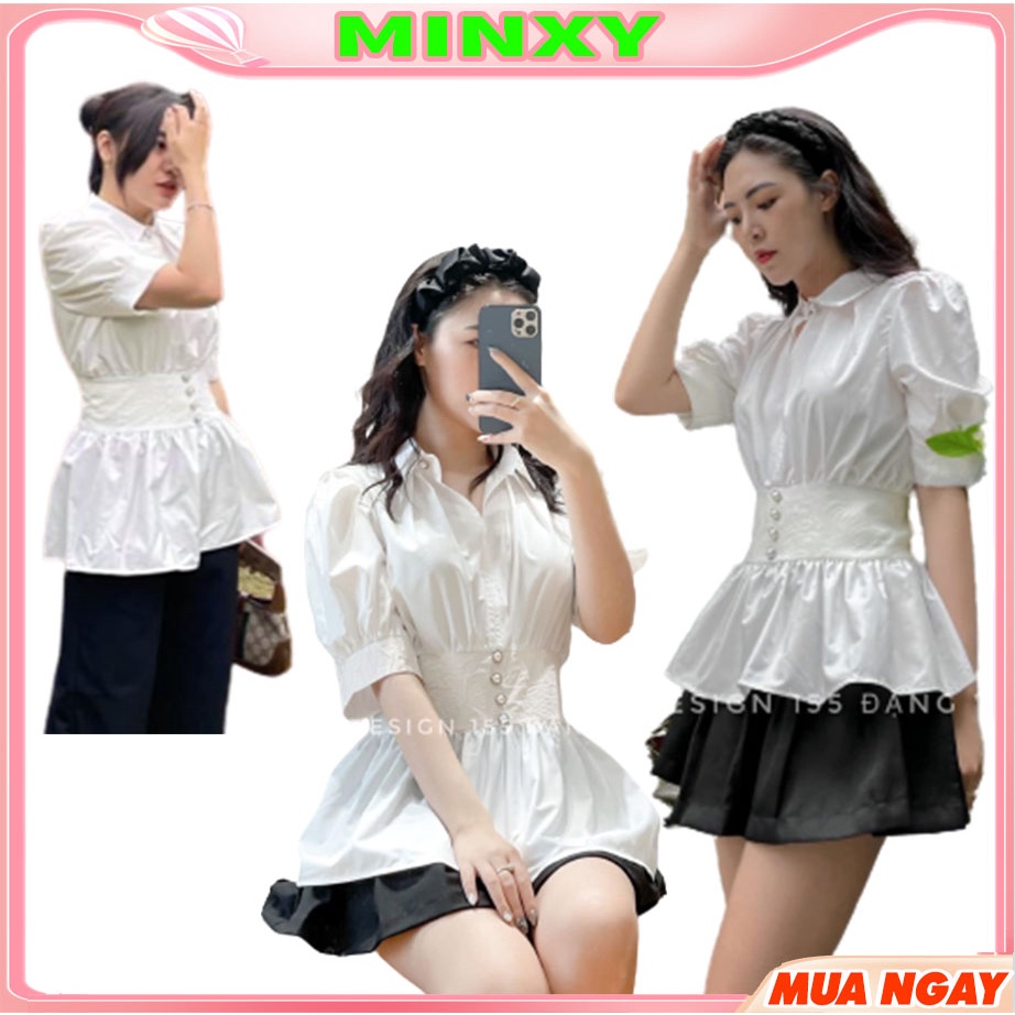 áo somi thiết kết,tay bồng,sơ mi GU phối đai cúc ngọc cao cấp-minxy shop