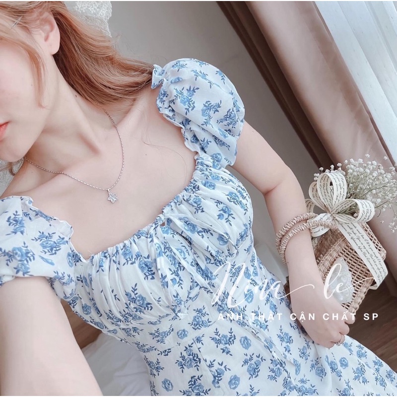 Đầm maxi hoa xanh xẻ tà tay phồng nhún ngực đi biển du lịch NÀNG CLOSET